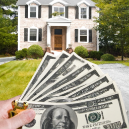 a person holding a stack of money and a key in front of a house.