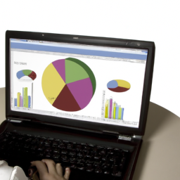 A person sitting at a desk looking at a laptop with a graph and a pie chart on the screen.