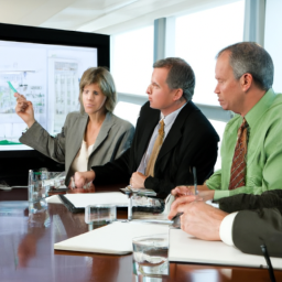 description: a group of professionals discussing investment strategies in a boardroom setting. they are analyzing charts and graphs on a large screen while engaged in a lively discussion.