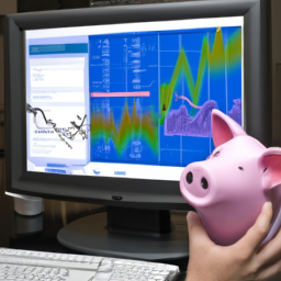 description: an anonymous person holding a piggy bank and looking at a computer screen with a stock market graph.