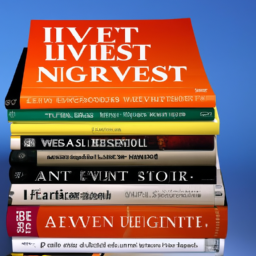 A stack of books with colorful covers and titles related to investing.