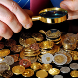 the image shows an investor examining a collection of rare coins and precious metals, symbolizing the potential wealth and stability that noble gold investments can offer.
