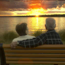 an image of an older couple sitting on a bench overlooking a lake with a sunset in the background. they are holding hands and smiling.