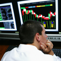 a person looking at a computer screen, with stock charts and graphs visible on the screen. the person appears to be deep in thought, possibly considering an investment opportunity.