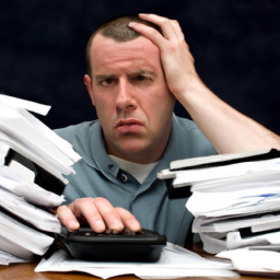 description: a person sitting at a desk with a calculator and a stack of papers, looking frustrated.