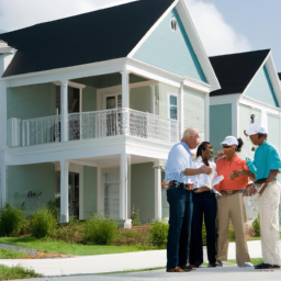 Description: A group of people standing in front of a newly built rental property discussing how to maximize returns and minimize risks.