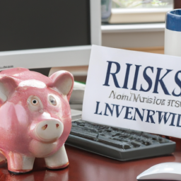 description: an image of a piggy bank with a sign that says "low-risk investments" sitting on a table with a computer and papers in the background.