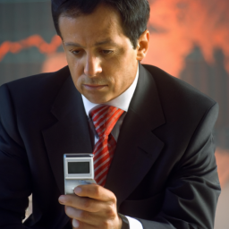 description: a person using a mobile device to trade stocks. the screen shows a chart of stock prices and trading options. the person has a serious expression and is wearing a suit and tie.