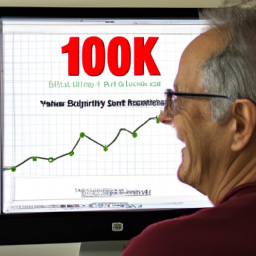 description: a person looking at a computer screen with a graph of their 401(k) investments. the graph shows steady growth over time, indicating successful retirement savings. the person looks satisfied and happy.