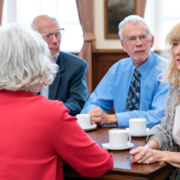 description: a group of elderly individuals sitting together, discussing retirement plans and financial investments.