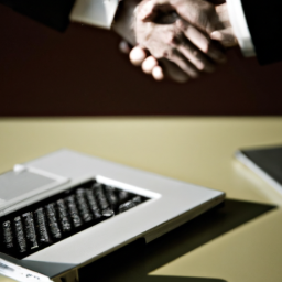 description: an anonymous image of two businessmen shaking hands in a boardroom, with one holding a document and the other looking at a laptop. the image conveys the idea of a business deal being struck between two parties.