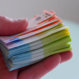 A closeup of a hand holding a stack of colorful paper bills.