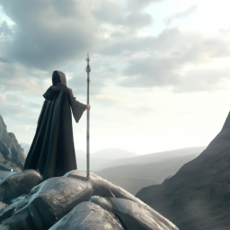 a robed figure stands atop a mountain peak, staff in hand, gazing out over a vast and magical landscape.
