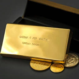 Description: An anonymous image showing a gold bar and gold coins on a dark background.