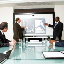 a group of business executives in a boardroom discussing investment strategies, with one person pointing at a chart on a screen.