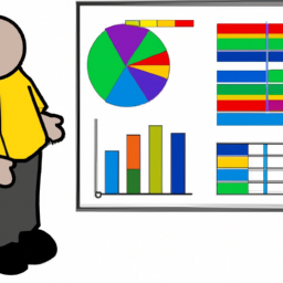 An image of a person looking at a table of colorful charts and graphs.