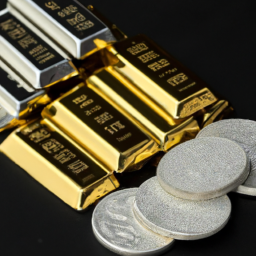 a pile of gold and silver coins and bars on a black background.