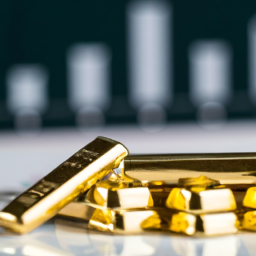 description: a photo of a gold bar and coins, with a blurred background of financial charts and graphs.