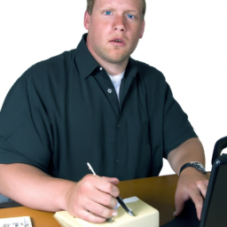 a person sitting at a desk with a computer, calculator, and paperwork, looking focused and determined.