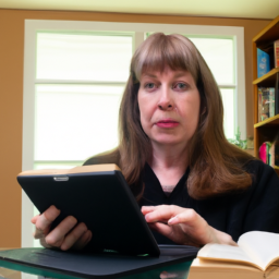 a person sitting at a computer, with a book and a tablet nearby. the person has a focused expression on their face, suggesting they are engaged in reading.