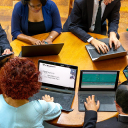 description: an anonymous image featuring a diverse group of people analyzing financial data on their laptops and discussing investment strategies.