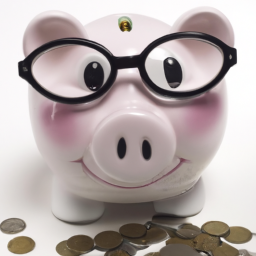 description: a picture of a piggy bank with a stack of coins next to it. the piggy bank is wearing a pair of glasses and has a dollar sign on its body.
