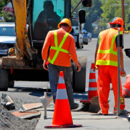 an image of construction workers repairing a road, with traffic cones and construction equipment in the background.