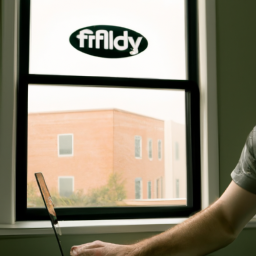 Description: A photo of a person looking out of a window while holding a laptop with the Fidelity logo.
