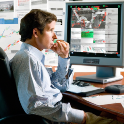 description: a person sitting at a desk, looking at a computer screen with stock charts and financial data. the person appears to be deep in thought, with a serious expression on their face.