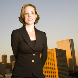 A woman in a business suit standing in front of a city skyline.