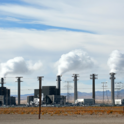 a photograph of a geothermal power plant in imperial county, california, with steam rising from the smokestacks.