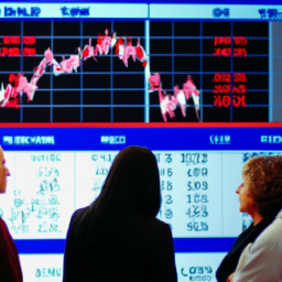 description: an anonymous image featuring a group of people discussing investments in front of a stock market chart.