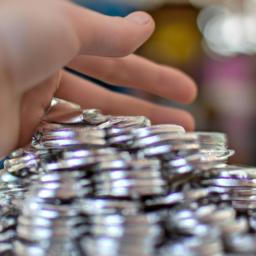 description: a pile of silver rounds stacked on top of each other, with a hand reaching out to touch them. the background is blurred to give the impression of focus on the silver rounds.