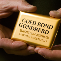 description: an image depicting a person holding a gold bar with the words "sovereign gold bond" written on it.