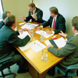 description: an image of a group of professionals at a conference table, discussing investment opportunities and growth strategies. the individuals are dressed in business attire and appear to be engaged in a lively discussion.