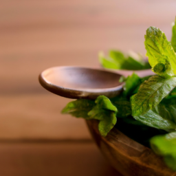 Description: A close-up photo of a bowl of fresh mint leaves on a wooden background with a spoon next to it.