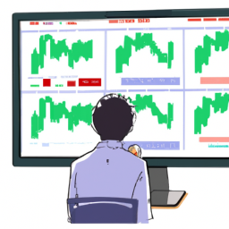 An illustration of a person looking at a monitor with stock prices and graphs.