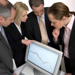 A group of people in business attire looking at a computer monitor with graphs and charts on it.