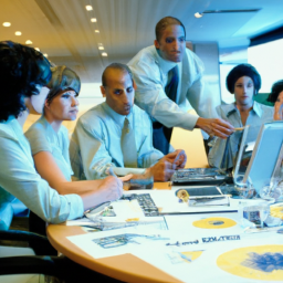 description: an image of a diverse group of people sitting around a table, looking at graphs and charts on a laptop and discussing investment strategies.