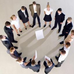A group of people standing in a circle, with each person holding a document.