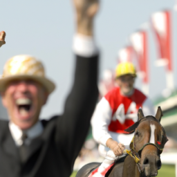 an image of a horse race track with a blurred background of cheering crowds at churchill downs. the foreground shows a close-up shot of the winning horse mage, his jockey, and the owner's triumphant faces.