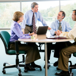 description: an image of a diverse group of professionals discussing investment strategies in a modern office setting.