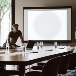 description: a group of people sitting around a boardroom table, with one person standing and making a presentation on a screen behind them. the image is anonymous and does not feature any specific individuals or branding.
