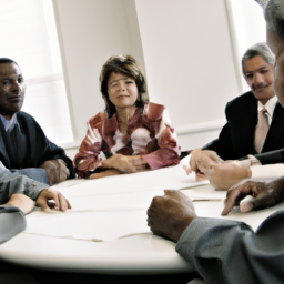 description: a photo of a diverse group of people sitting at a table, possibly in a meeting or conference, discussing retirement plans and investments. the group includes men and women of different ethnicities and ages, dressed in professional attire.