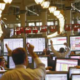 the image shows a bustling stock exchange floor, with traders shouting and gesturing at each other while looking at computer screens displaying stock prices.