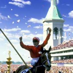 a horse and jockey cross the finish line at churchill downs, surrounded by cheering crowds and jubilant trainers. in the background, the famous twin spires of the racetrack can be seen rising up into the sky.