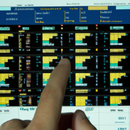description: a computer screen showing a stock market dashboard with charts and numbers, and a person's hand selecting an investment option on a mobile device.