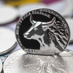 A silver coin with a picture of a bull on it, sitting on a stack of coins with various other designs.