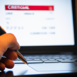 description: a person holding a credit card and a pen, looking at a laptop screen with a credit report on it.