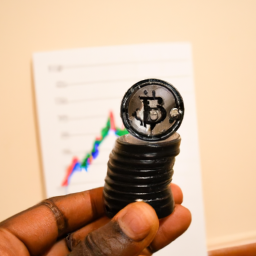 Description: A Black hand holding a pile of Bitcoin coins with a chart of Bitcoin's price movement in the background.